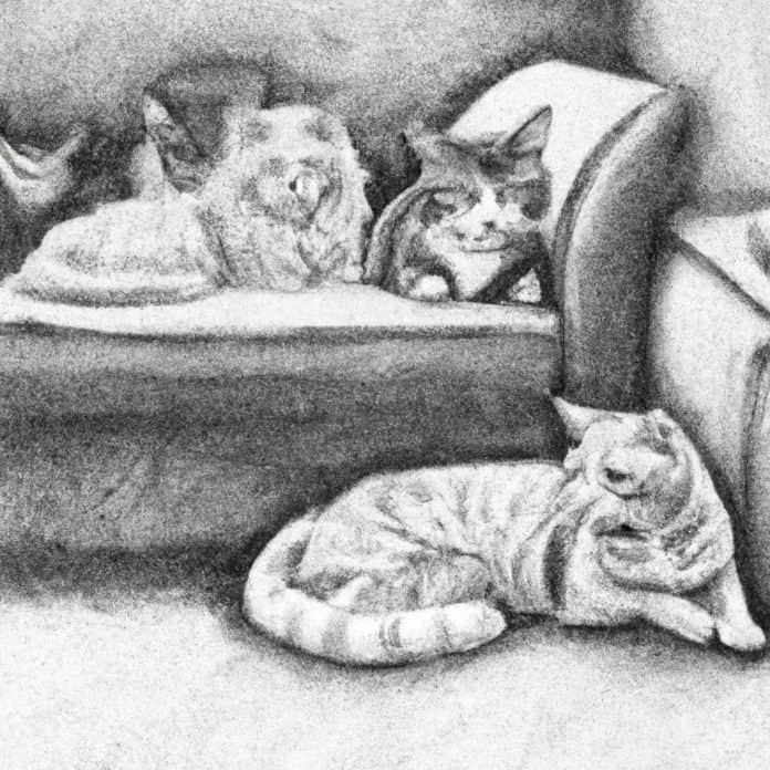 Several cats lounging together in a living room.