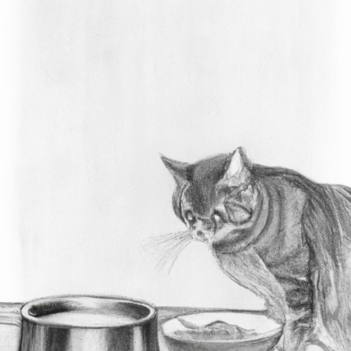 A worried cat sitting near its food and water dishes.