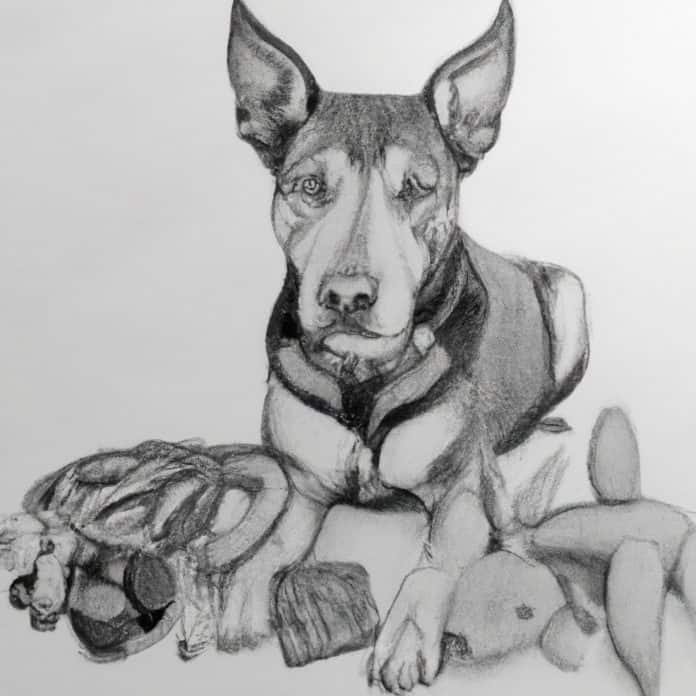 Staffy X Kelpie dog surrounded by chewed toys and objects.
