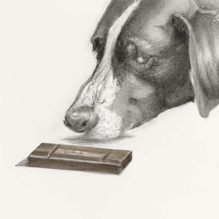 dog sniffing a chocolate bar.