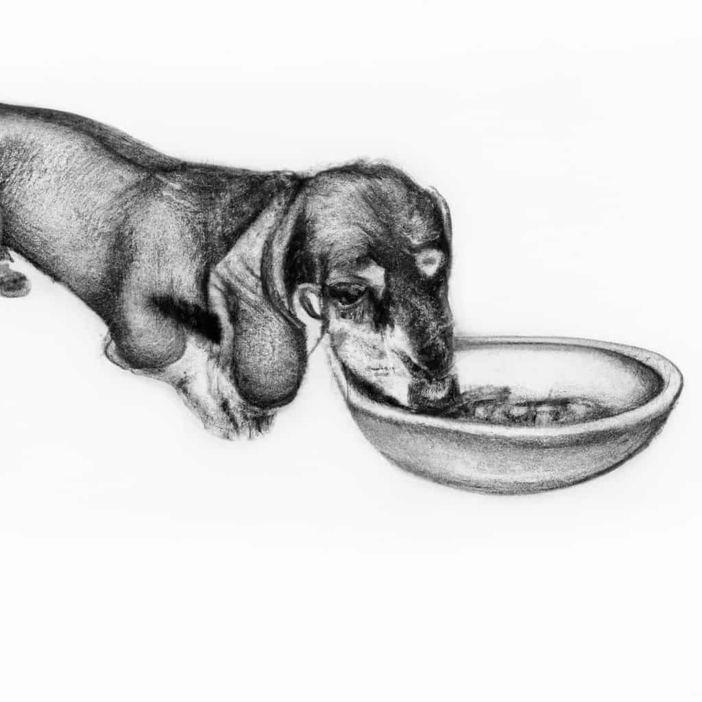 Mini Dachshund happily eating from a bowl.
