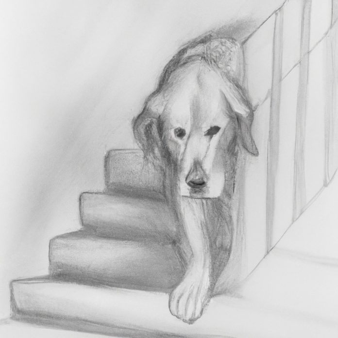 Golden Retriever hesitating at the bottom of stairs.