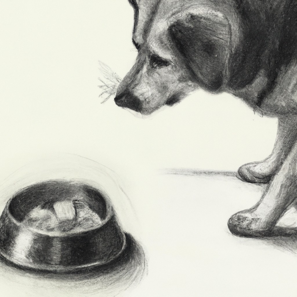Dog looking curiously at a bowl of food.