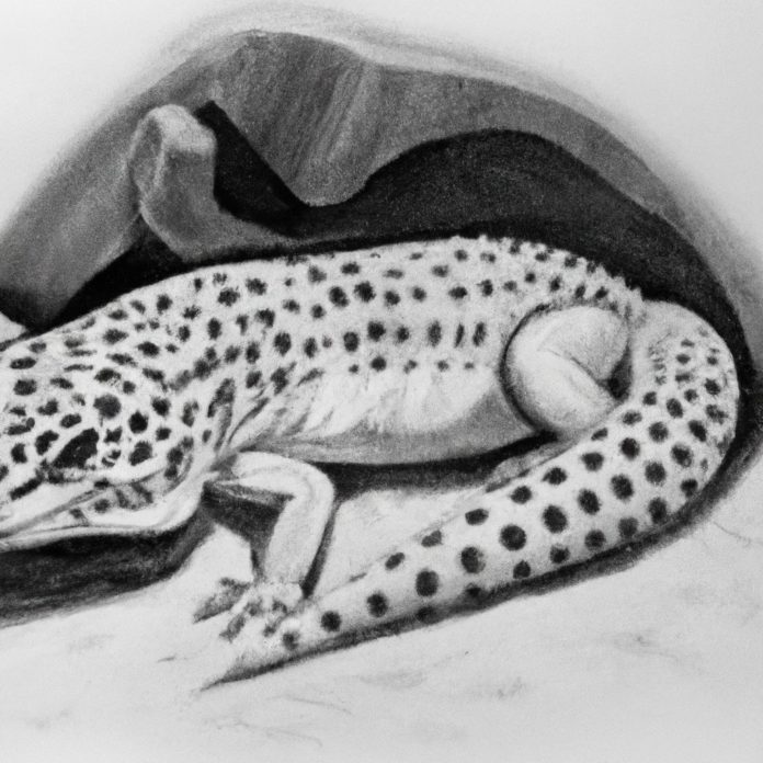 Leopard gecko curled up in its enclosure.