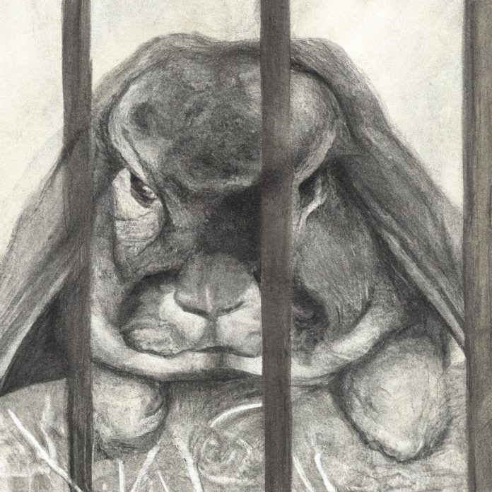 concerned rabbit in its enclosure