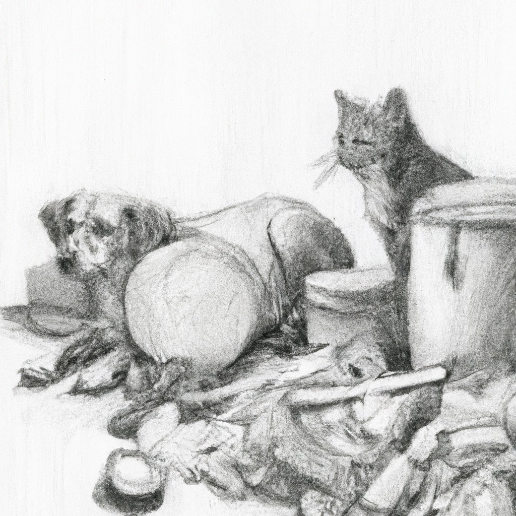 A cat and dog curiously observing a pile of discarded household products.