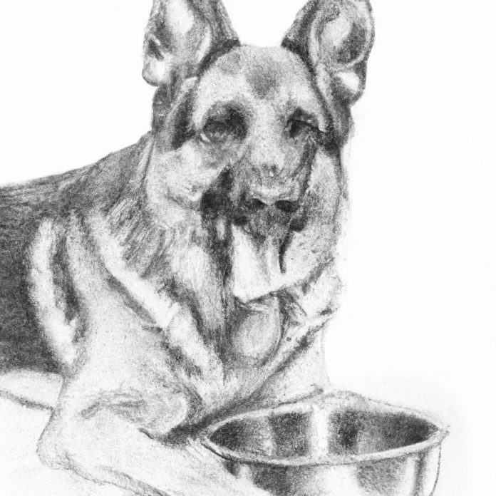 German Shepherd happily eating from a bowl.