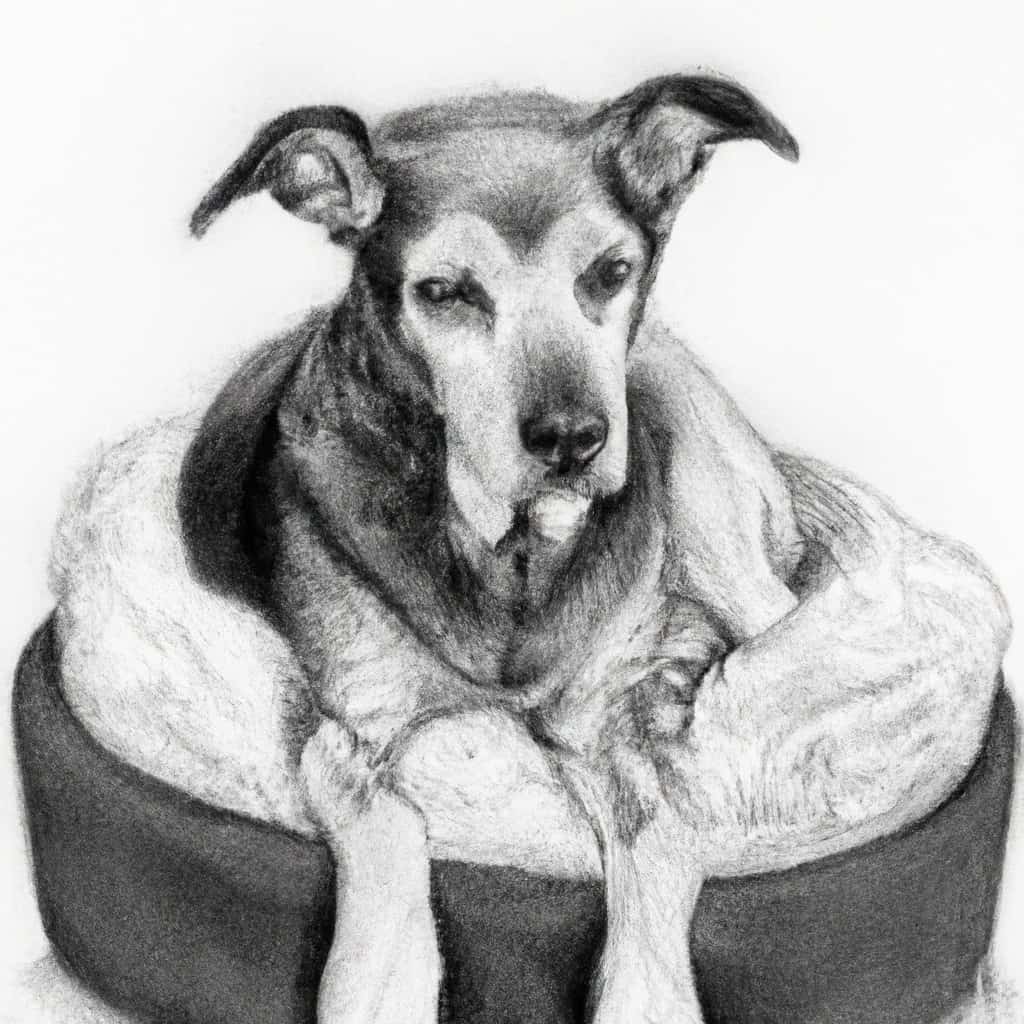 An older dog sitting comfortably on a pet bed.