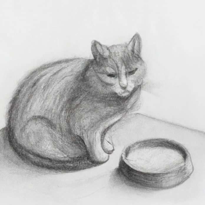 Cat quietly sitting near a food dish.