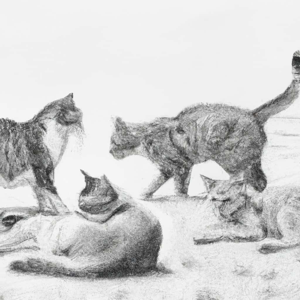 group of feral cats interacting in an outdoor setting.