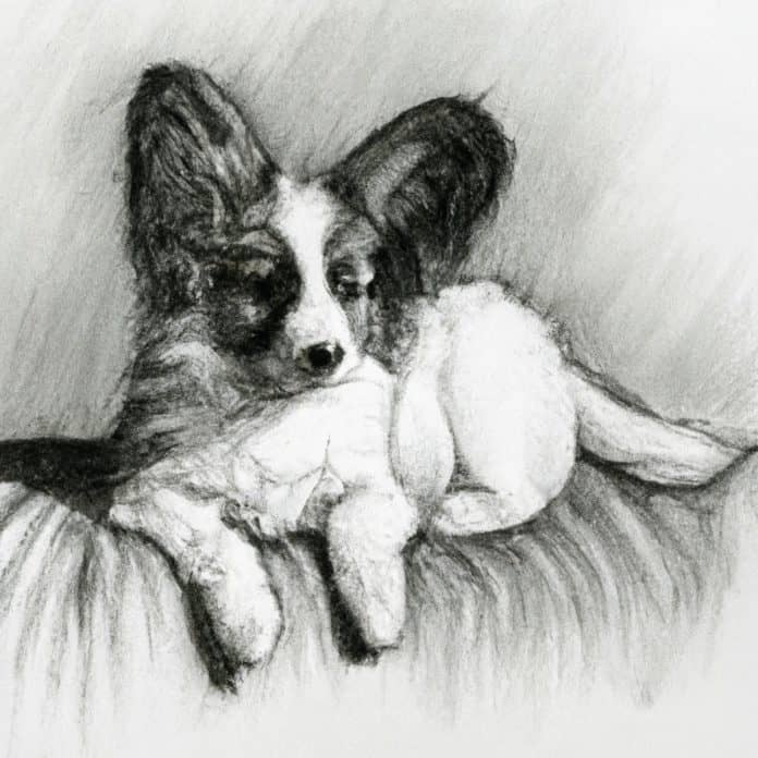 Papillon pup resting comfortably at home.