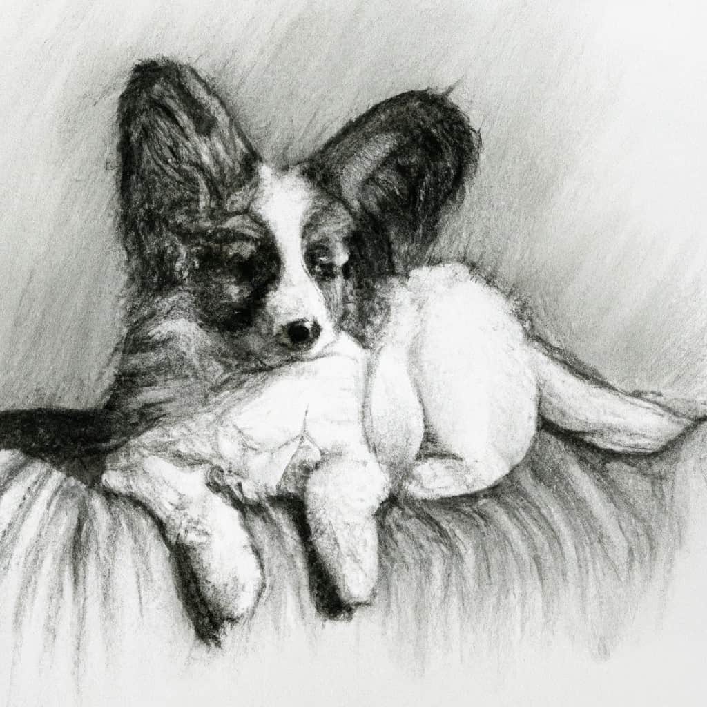 Papillon pup resting comfortably at home.