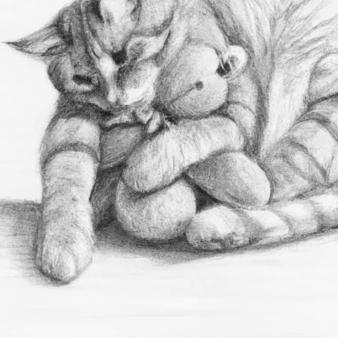 An affectionate cat snuggling up to a stuffed toy.