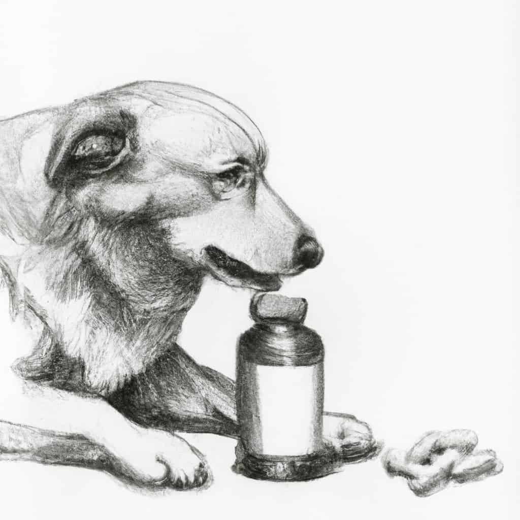 A dog examining a bottle of supplements.