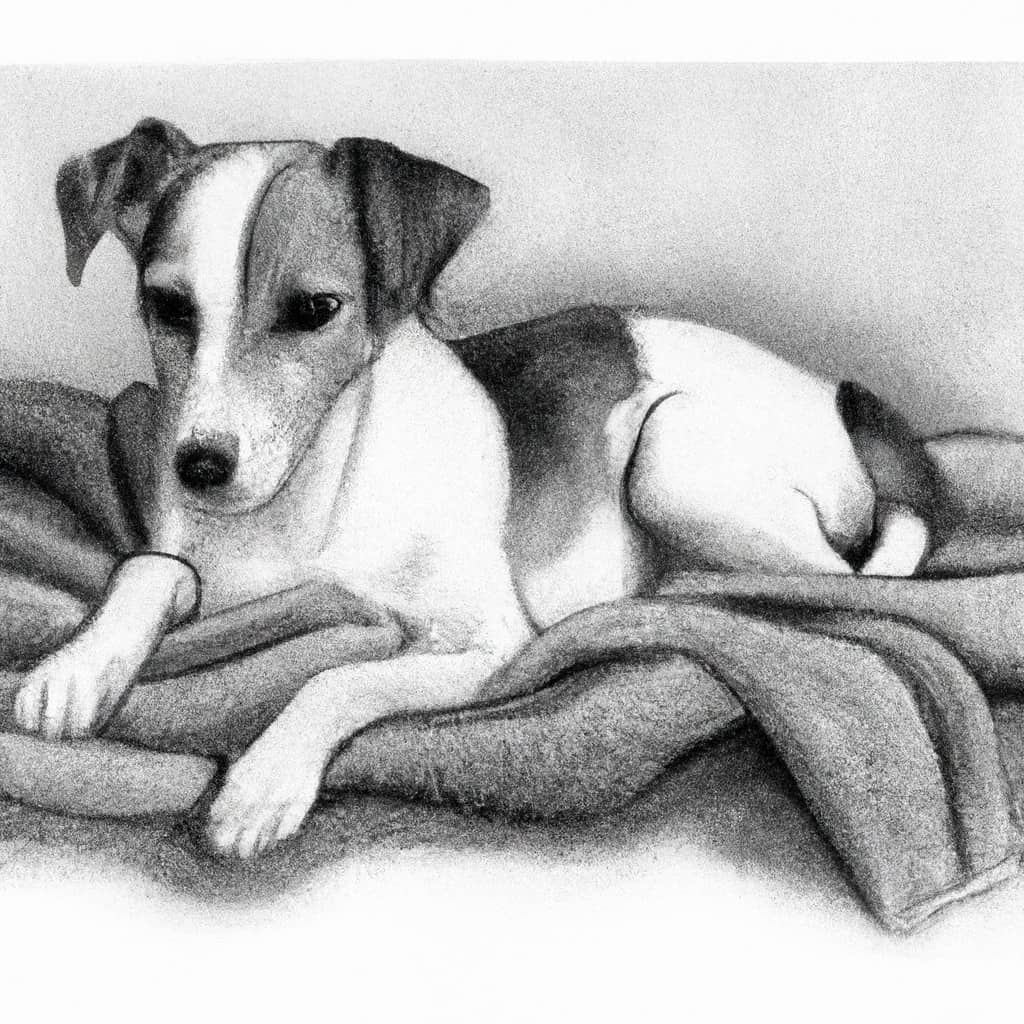 A concerned Jack Russell Terrier resting on a soft blanket.