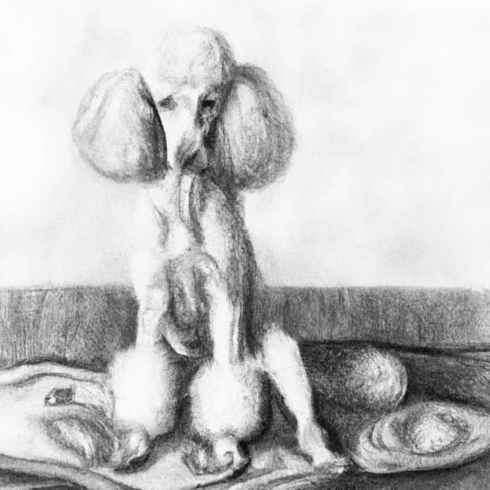 worried Poodle seated on a rug