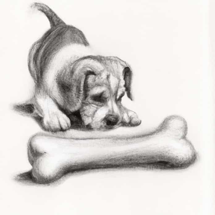 Puppy curiously examining a large bone.