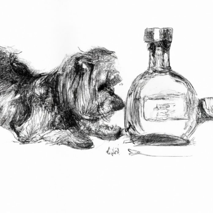 Silky Terrier looking at a bottle of olive oil.