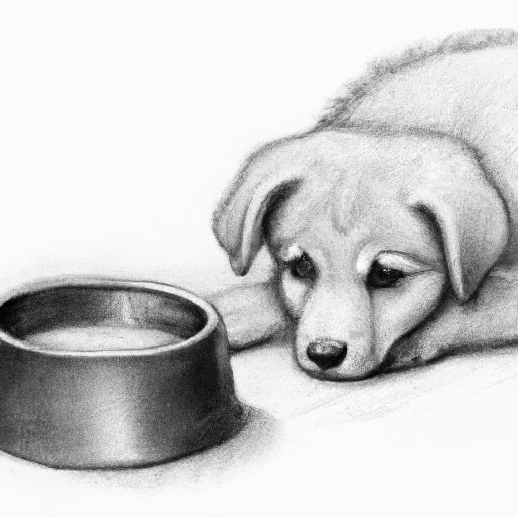 worried puppy near a water bowl