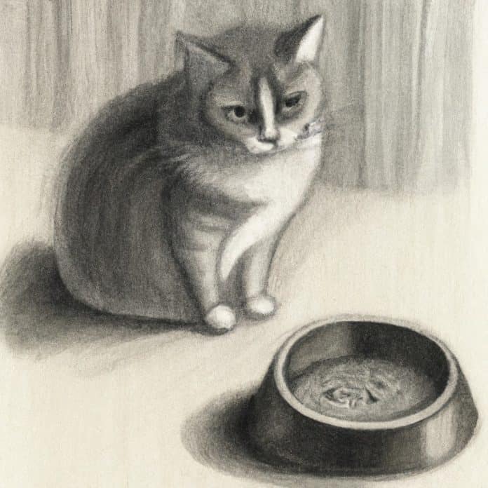 worried cat sitting next to a dry food bowl