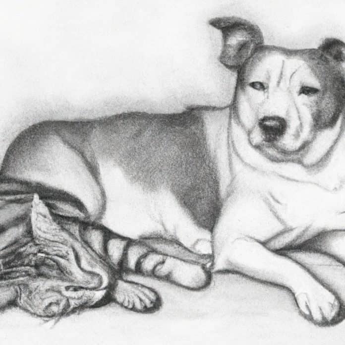 A cat and a dog lounging peacefully together