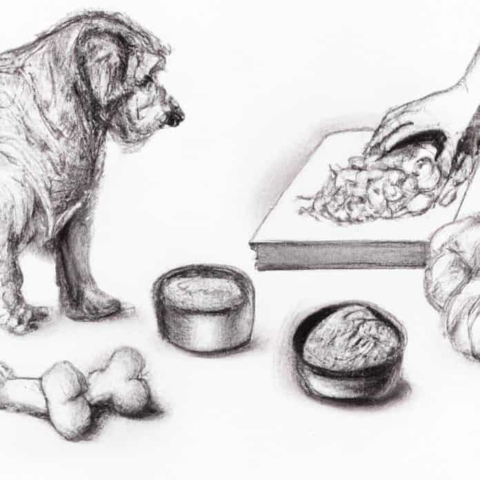 Dog examining a variety of dog foods.