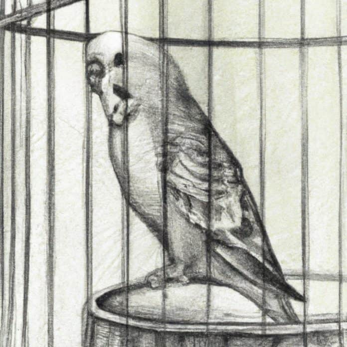 A concerned budgie perched on its cage.