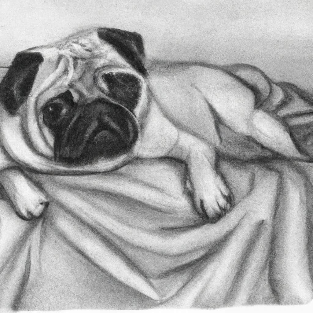 A worried Pug laying on a comforter.