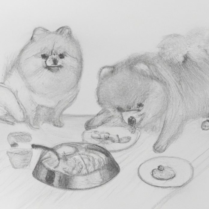 Pomeranians enjoying a homemade meal.