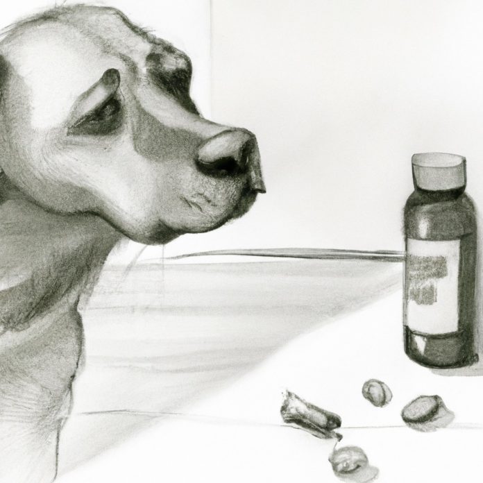 concerned dog looking at medication bottle