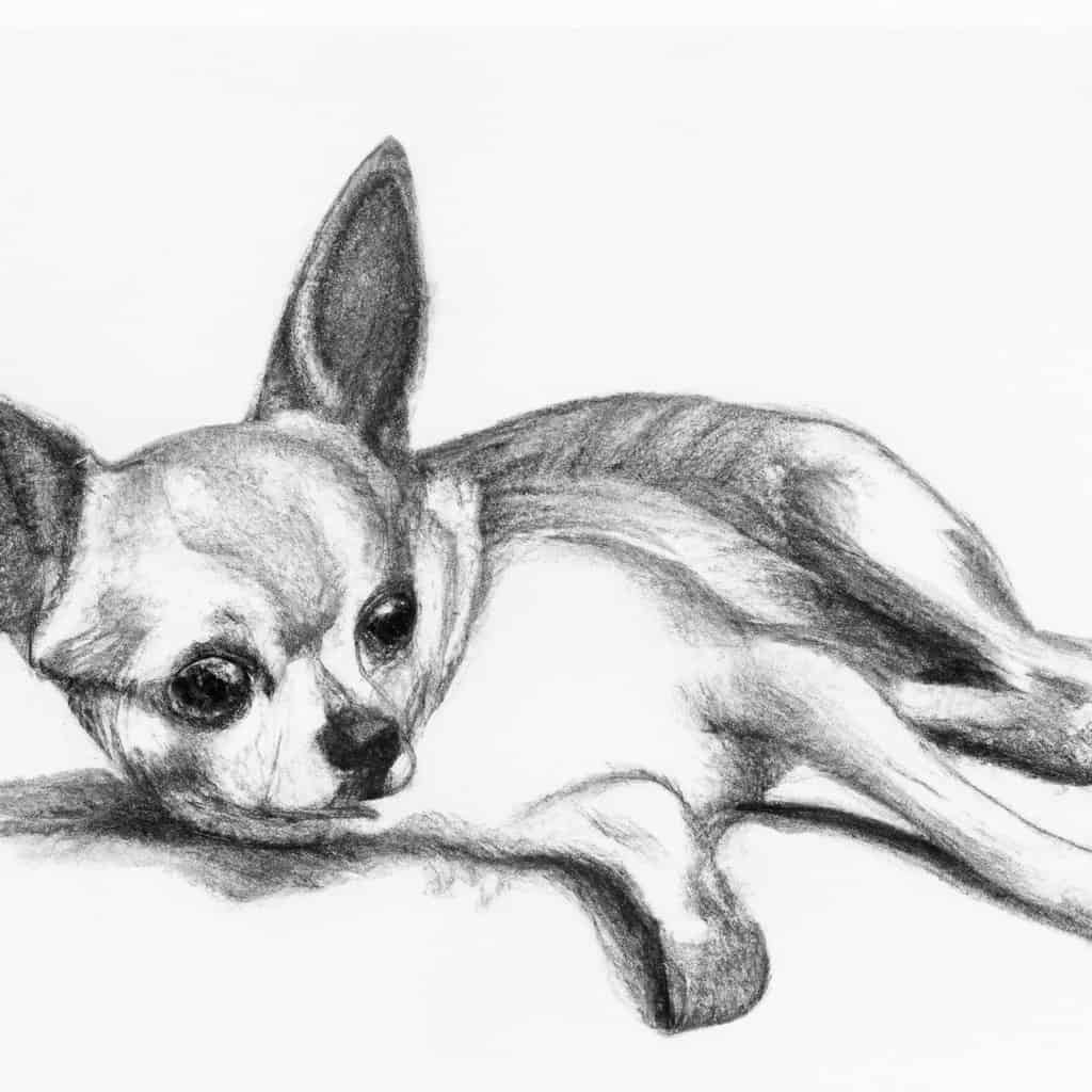 Chihuahua looking concerned and lying down.
