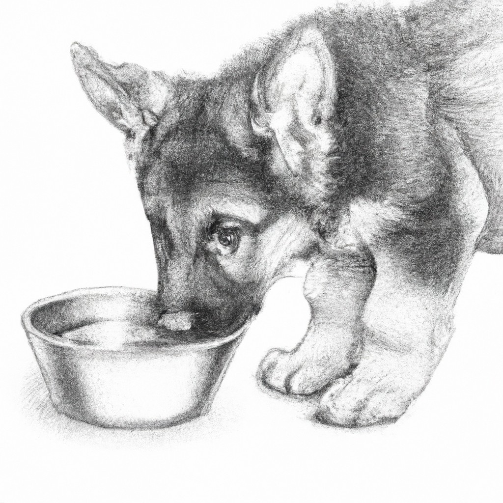 German Shepherd puppy eating from a bowl.