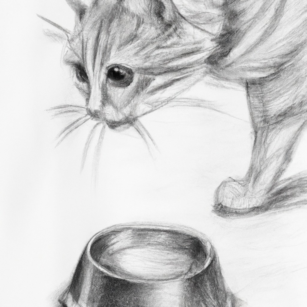 Cat looking at a food bowl.