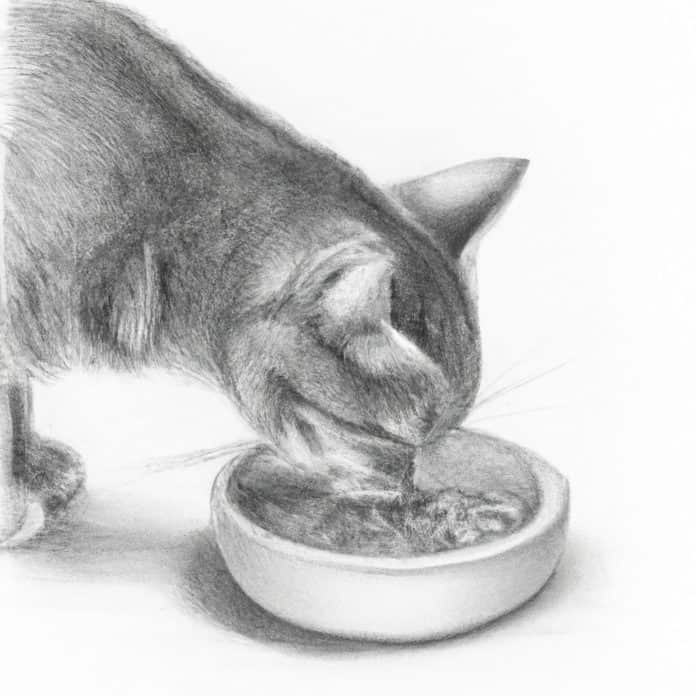 Cat eating healthy food from a bowl.