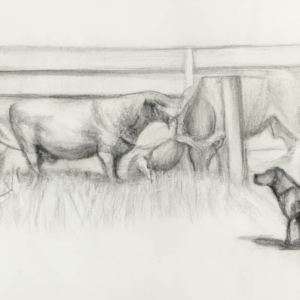 dog exploring a barnyard with herbivores