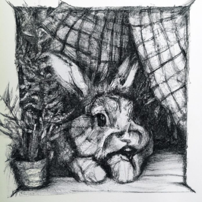 concerned bunny in a cozy environment
