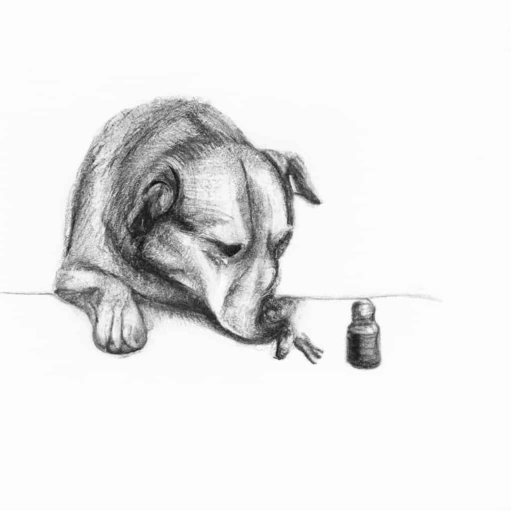 A dog cautiously sniffing a bottle of cranberry pills.