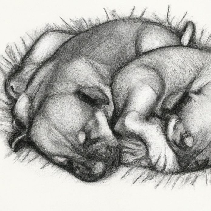 Newborn puppies sleeping together in a cozy environment.