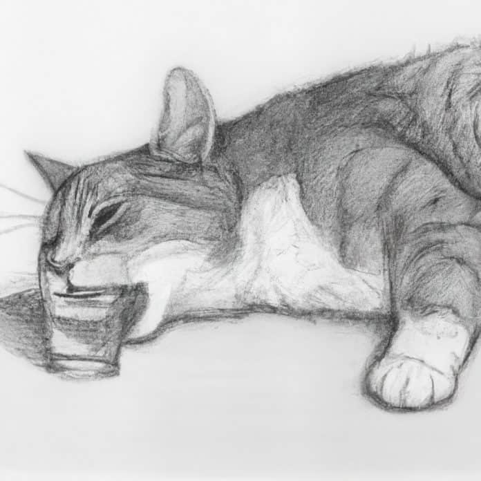A cat drinking water while laying down.