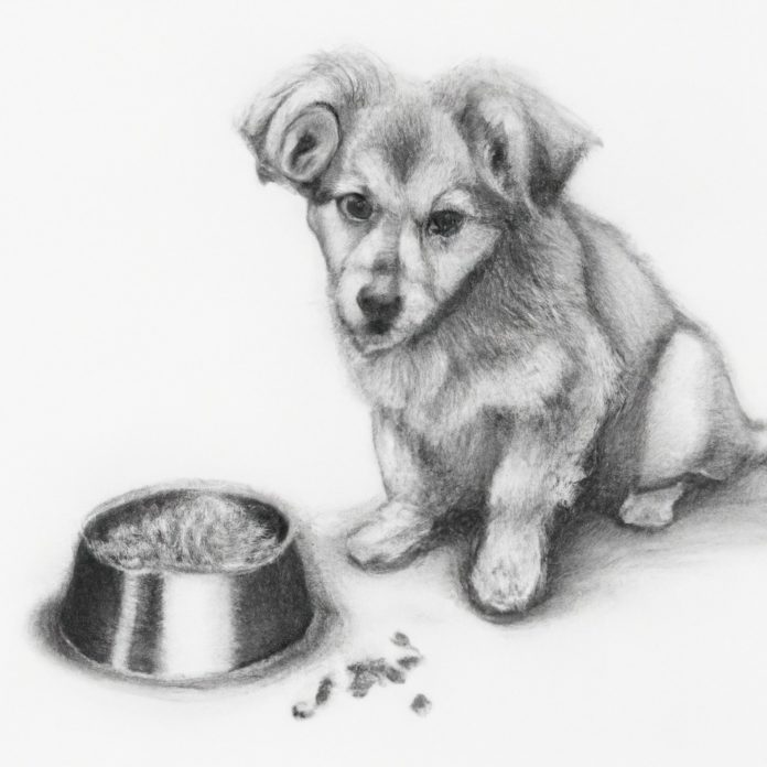 concerned puppy with a bowl of food nearby.