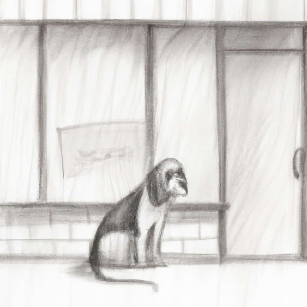 Worried dog sitting near a closed veterinary clinic.