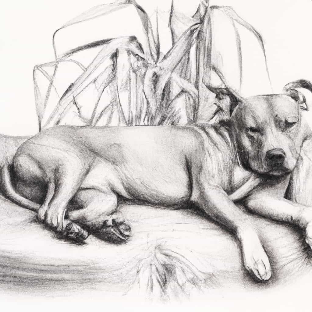 Pit bull relaxing in a peaceful environment.