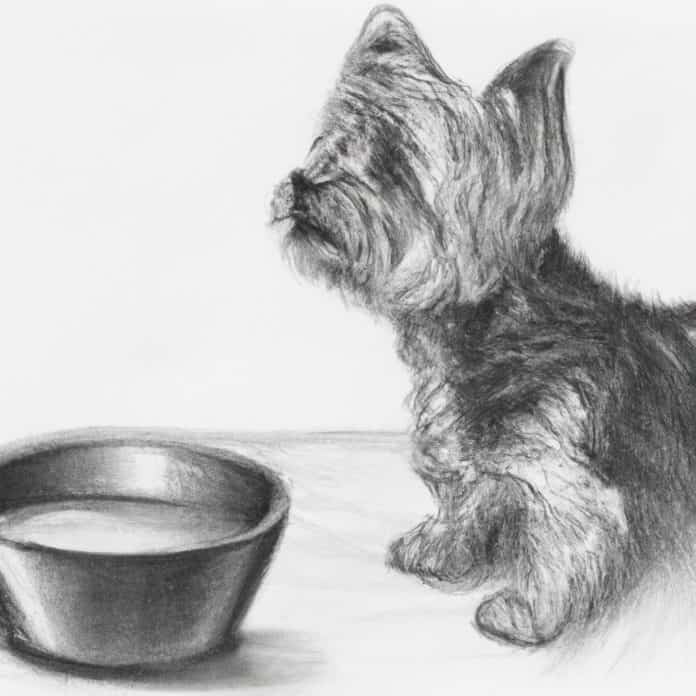 Yorkie looking curiously at a bowl of water