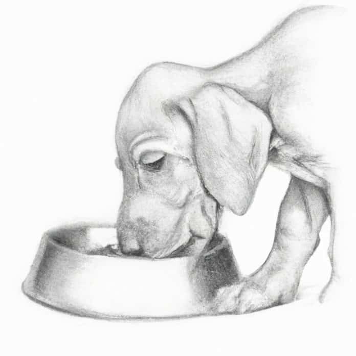 Weimaraner puppy happily eating from its bowl.