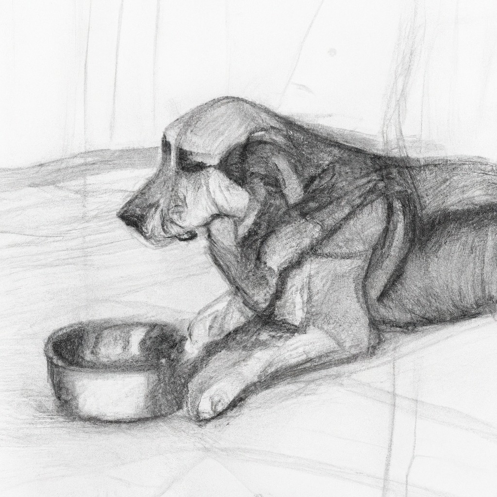 worried dog sitting near a water bowl