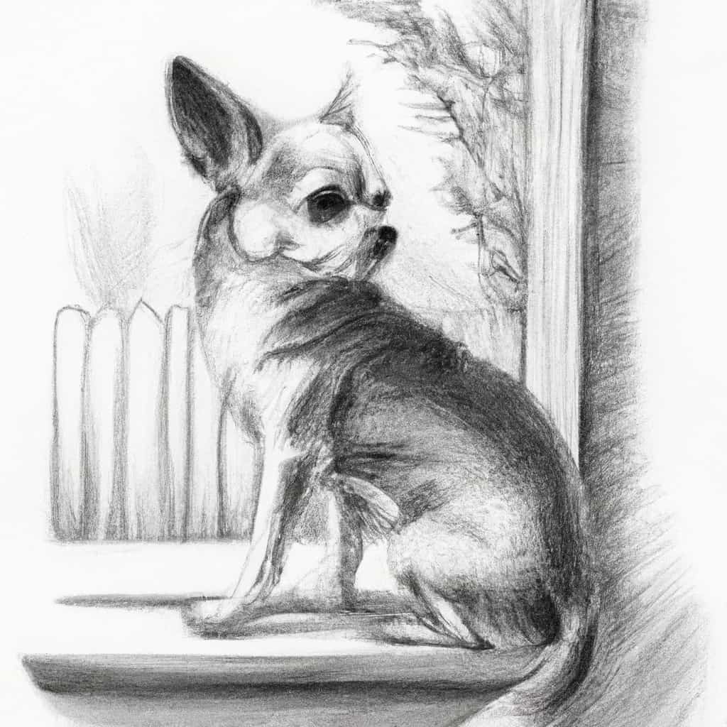 Chihuahua sitting on a window sill looking outside.