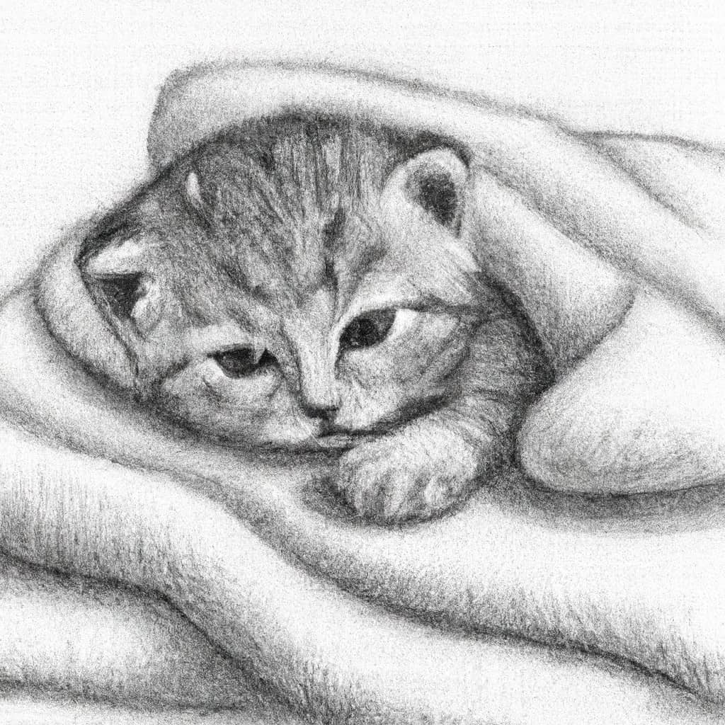 Newborn kitten snuggling on a soft blanket.