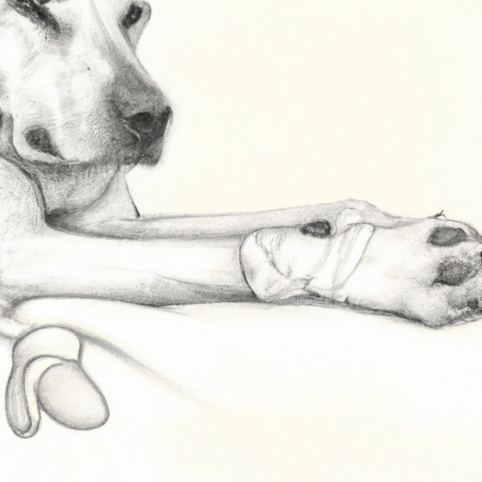 Dog with bandaged paw resting comfortably