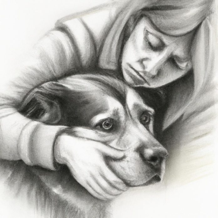 concerned dog owner comforting her dog