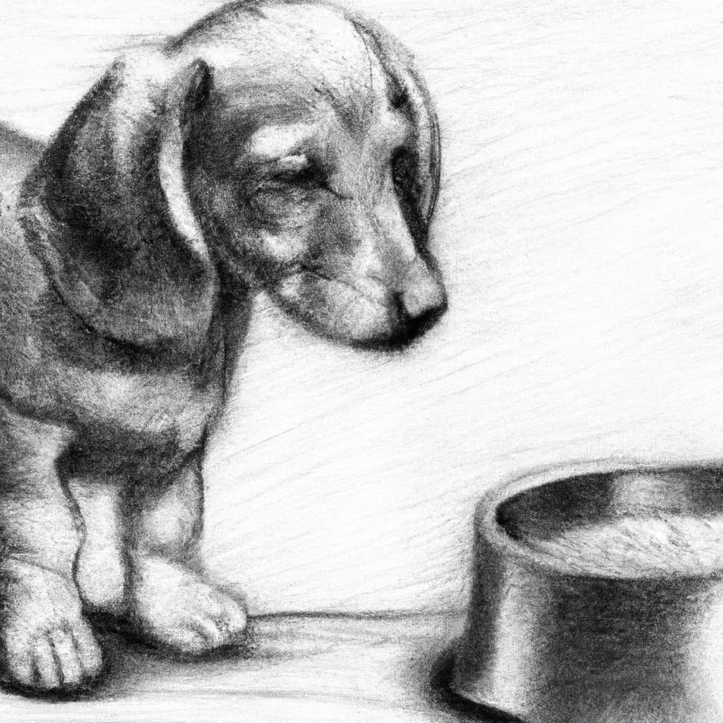 Dachshund puppy looking concerned while near a water bowl.